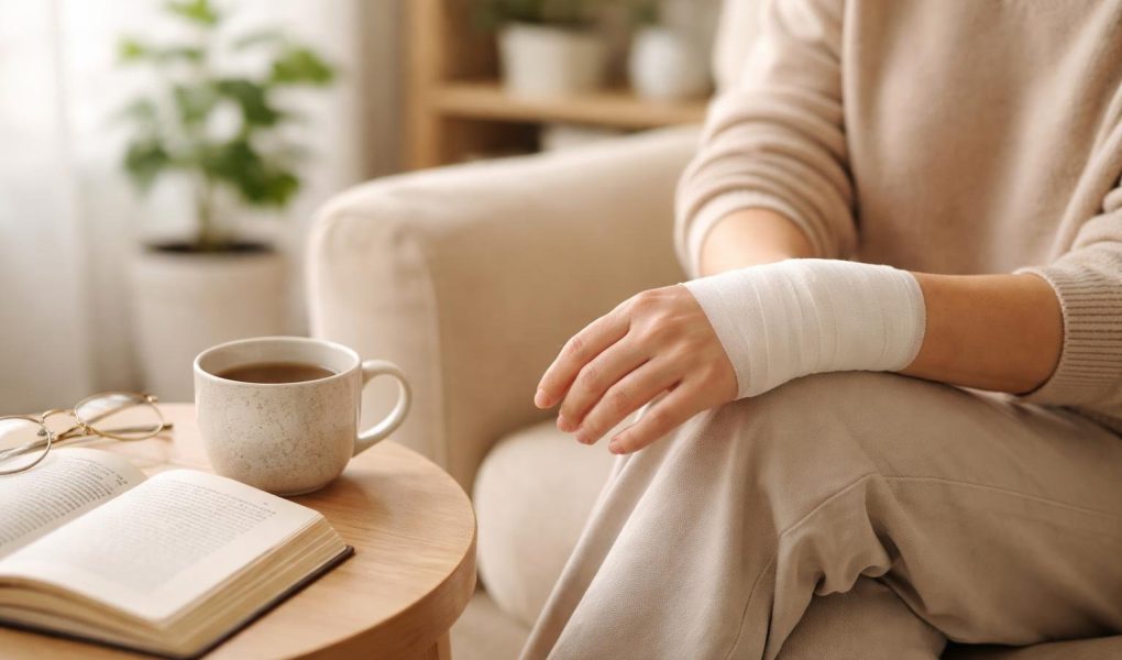 personne-bandage-poignet-livre-the