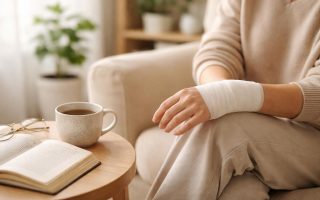 personne-bandage-poignet-livre-the