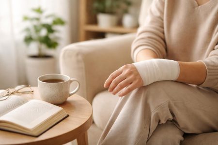 personne-bandage-poignet-livre-the