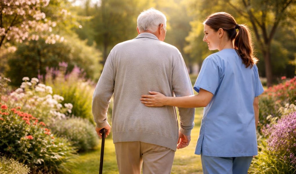 patient-infirmiere-jardin-ensoleille