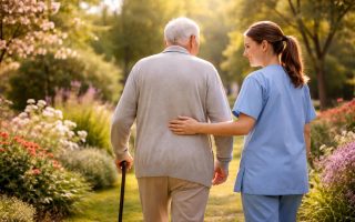 patient-infirmiere-jardin-ensoleille