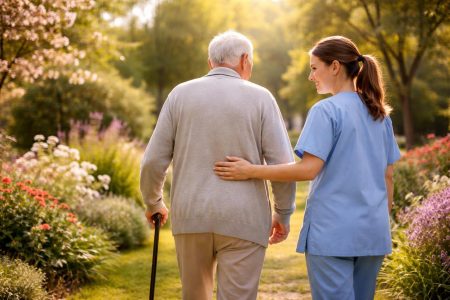 patient-infirmiere-jardin-ensoleille